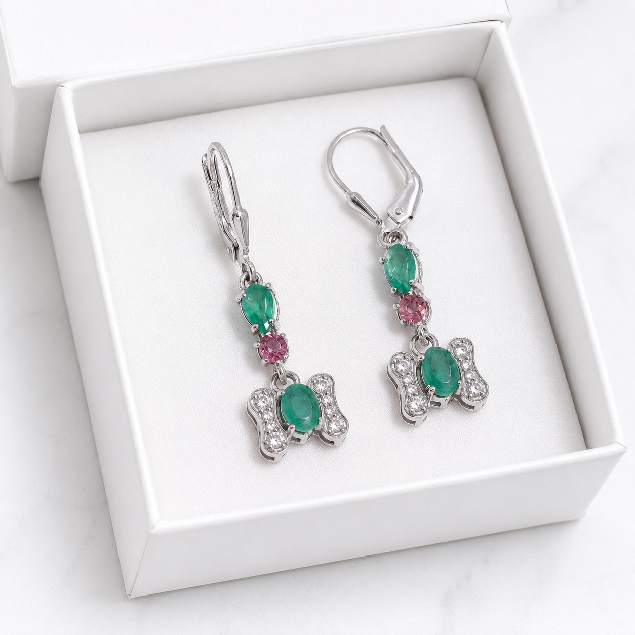 Natural Emerald Pink Tourmaline Sterling Silver Dangle Earrings May Gift