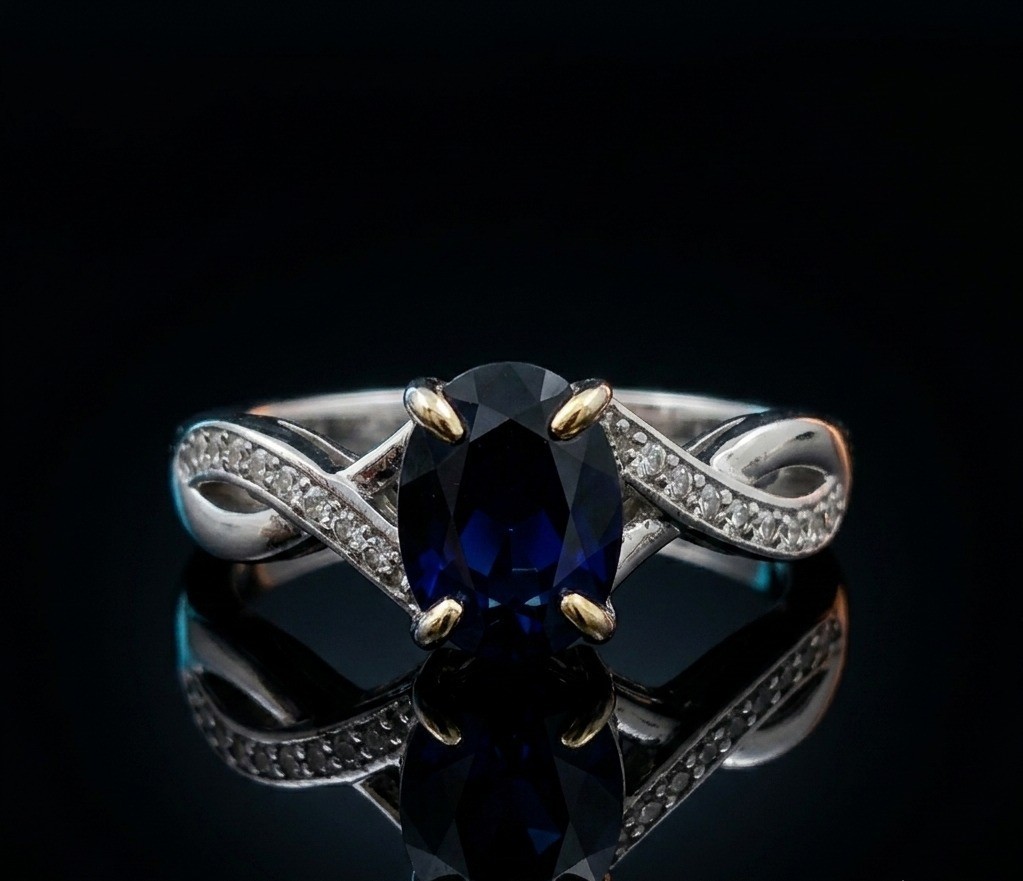 Oval Blue Sapphire Sterling Silver Infinity Ring, Statement Gemstone Ring