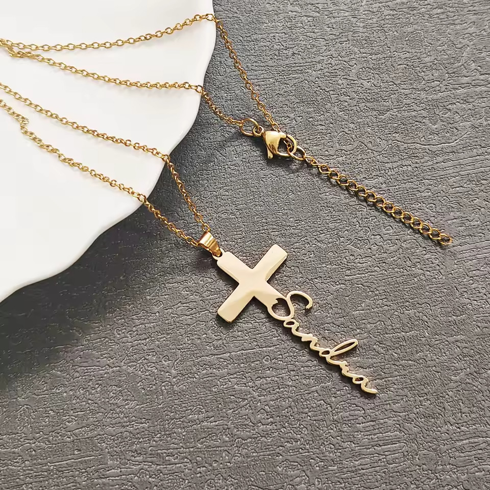 Custom Cross Name Necklace Personalized Pendant Stainless Steel Jewelry Gold