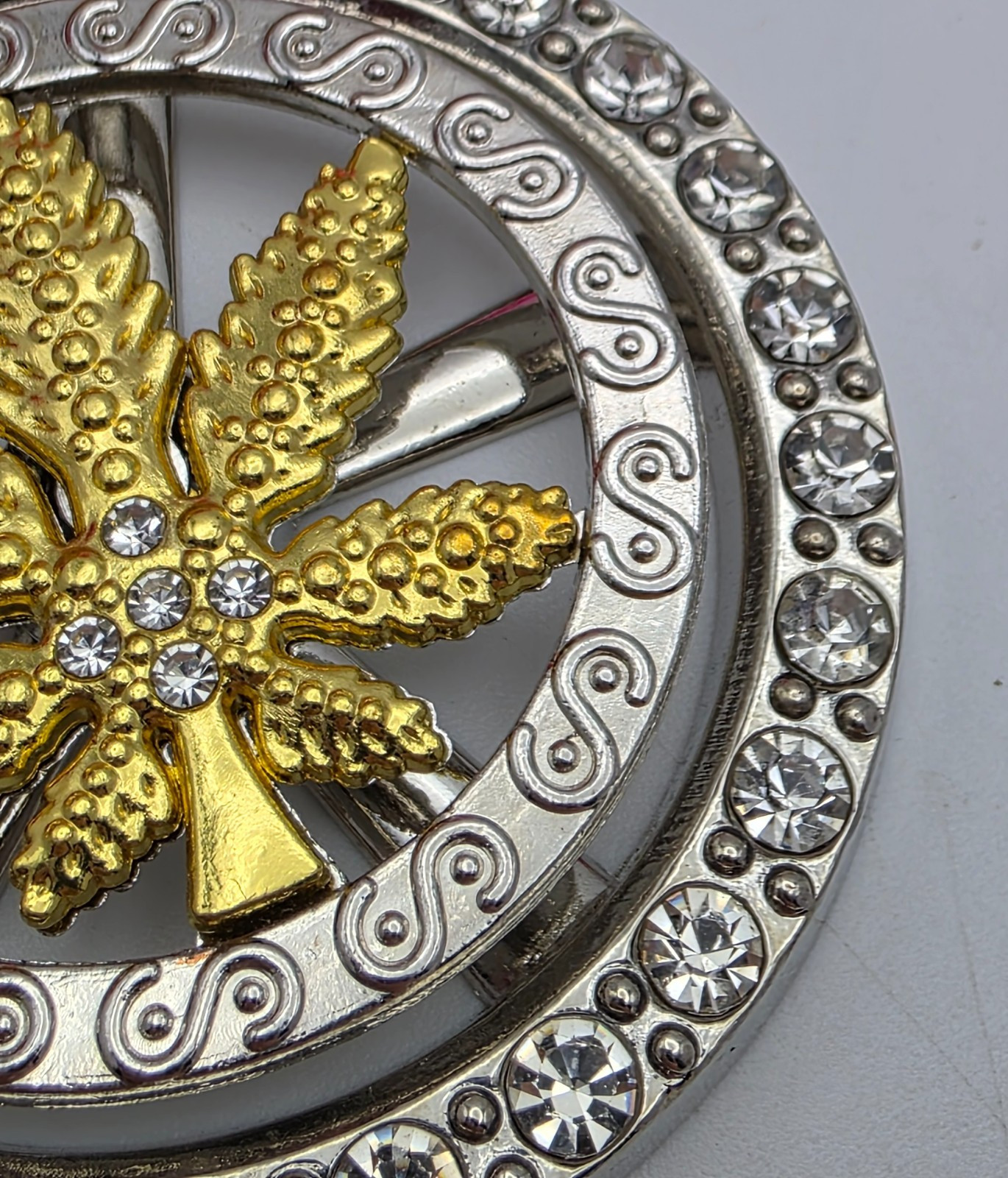 Iced Out Cannabis Leaf Spinner Pendant Necklace Two Tone Rhinestone 31 in Weed