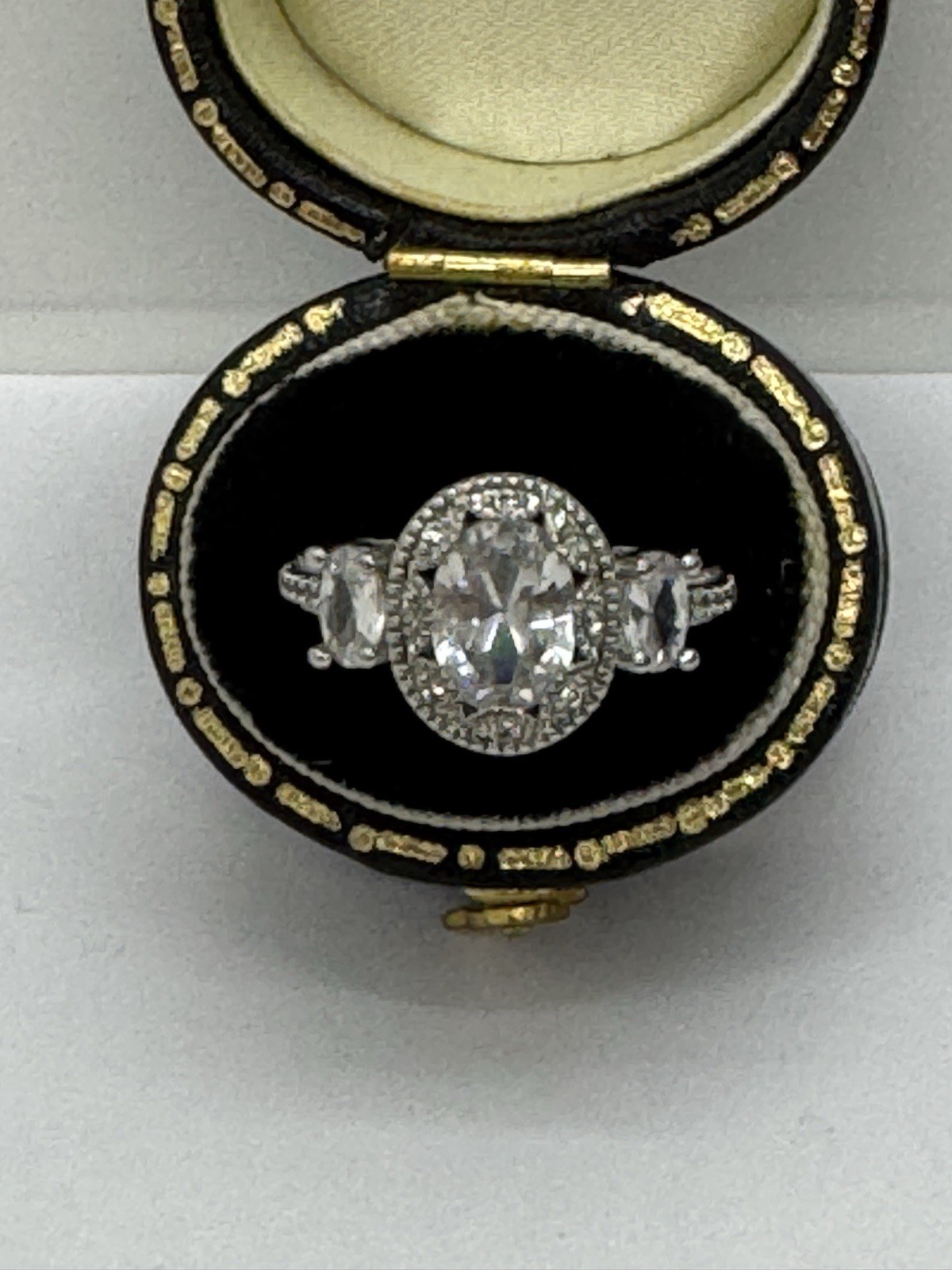 Oval 3 Stone Halo Cocktail Ring Size 6