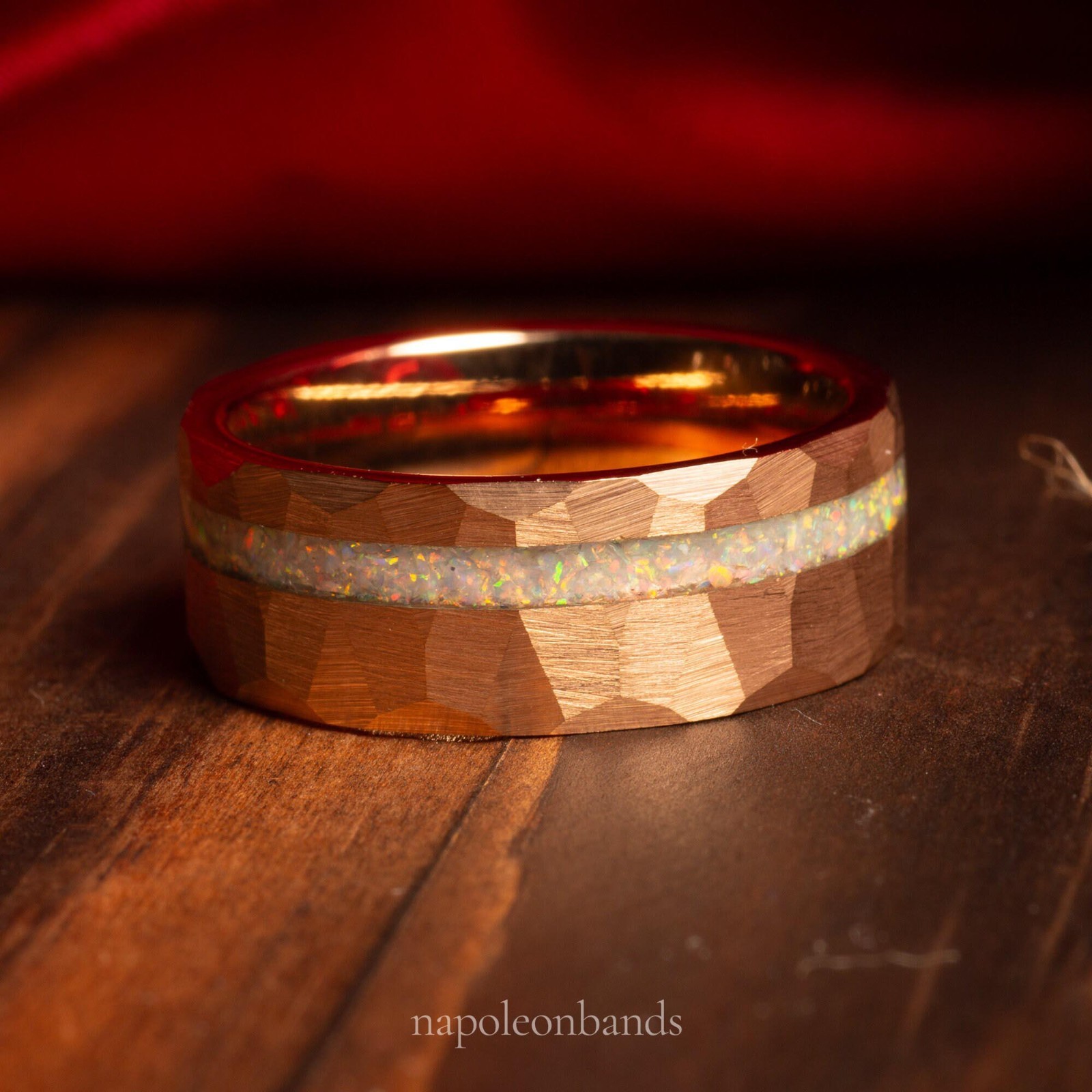 Aurora Flame – White Fire Opal Rose Gold Men’s Tungsten and Women’s Wedding Band
