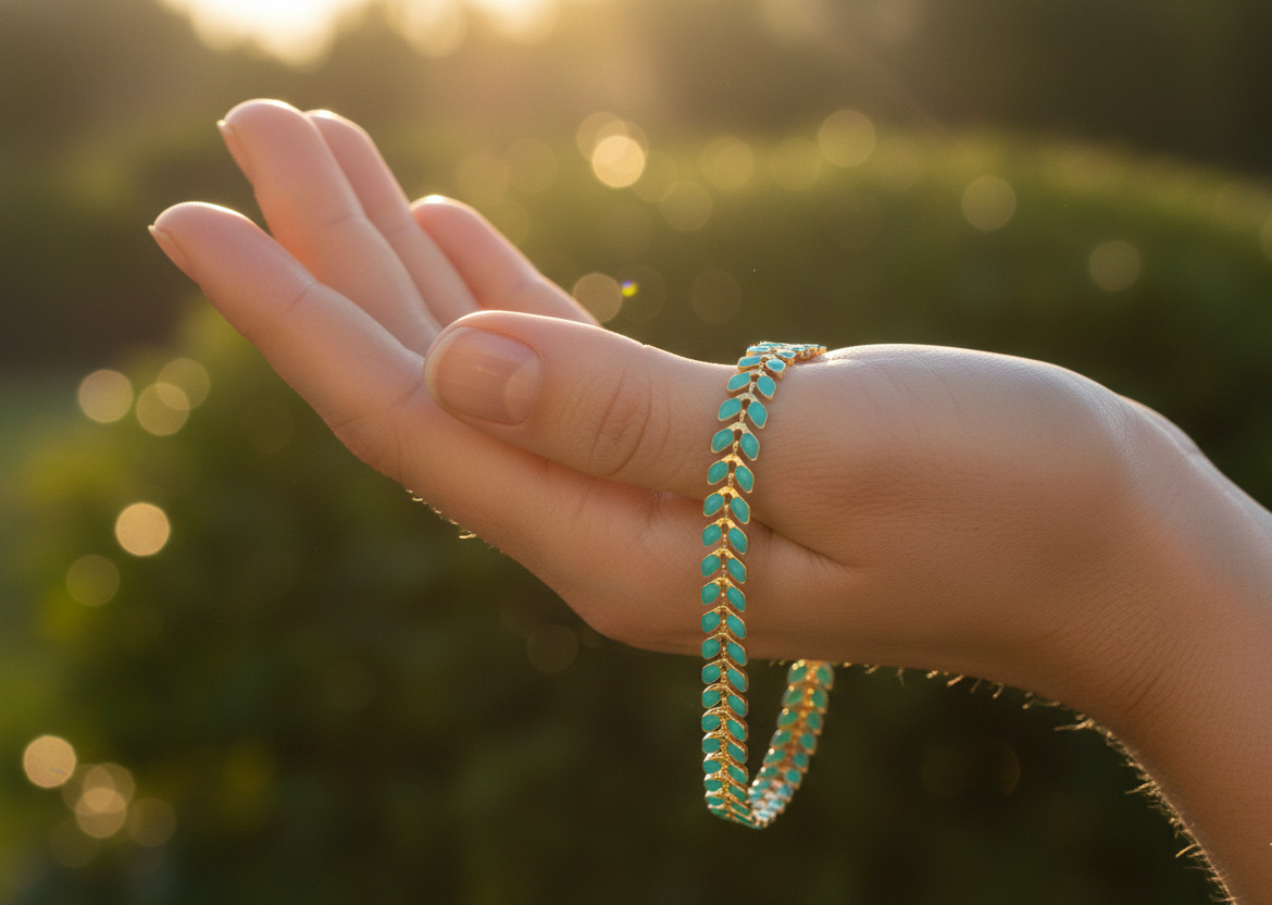 Delicate Leaf Beaded Bracelet Gold Plated Turquoise Chain Handmade Boho Jewelry