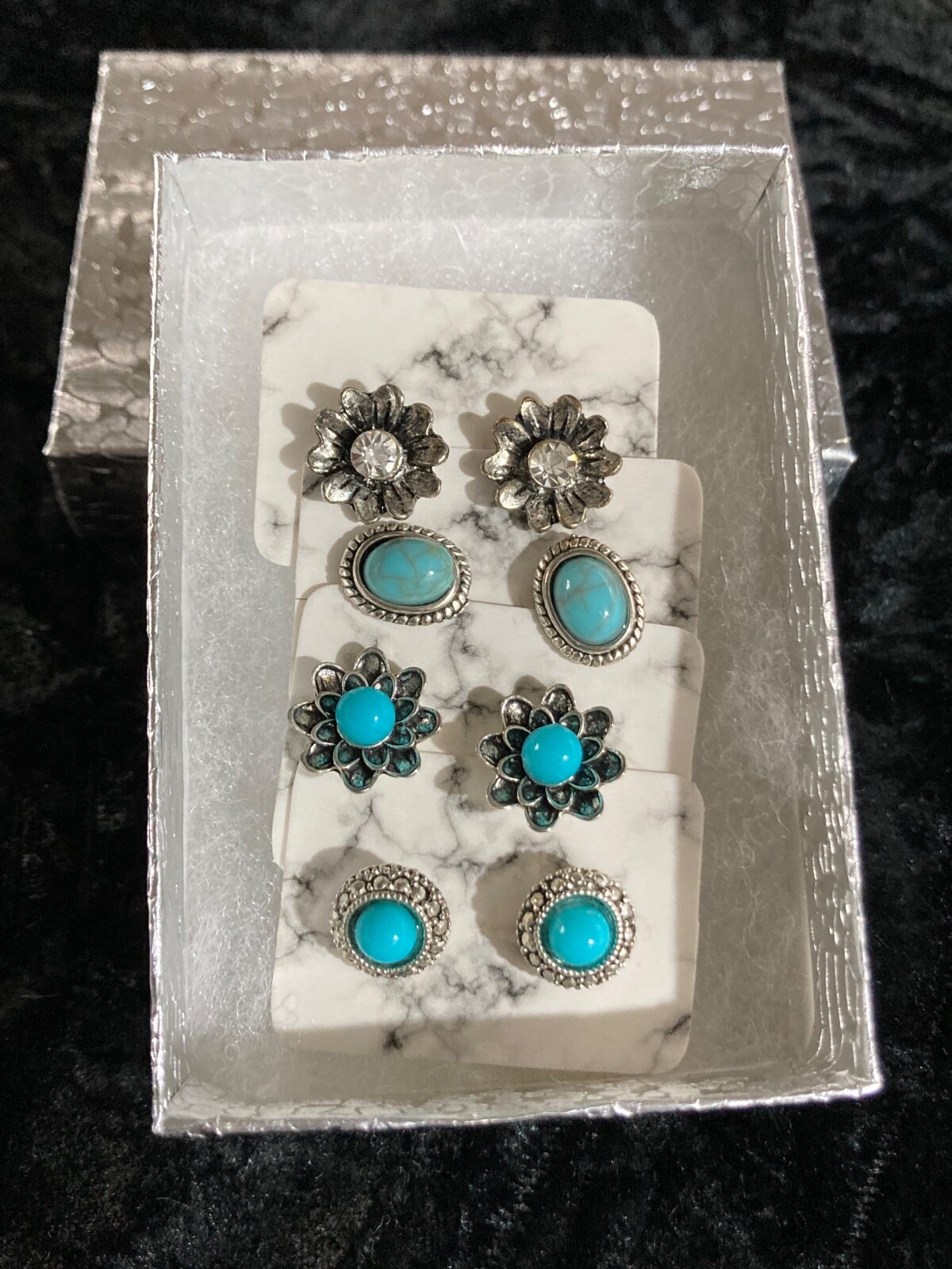 Fashion Stud Earrings 4Pr Faux Blue/Green Turquoise Crystals Silver Alloy