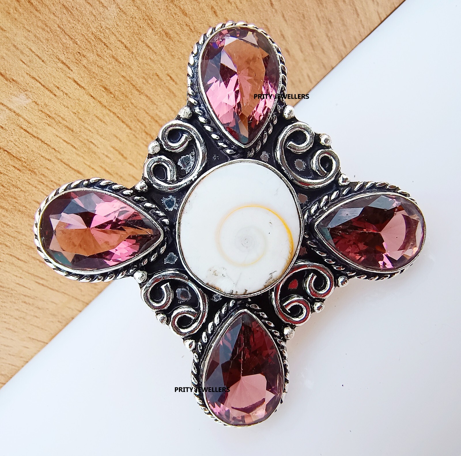 Natural Shiva Eye With Pink Tourmaline Silver Plated Ring, All Size Available