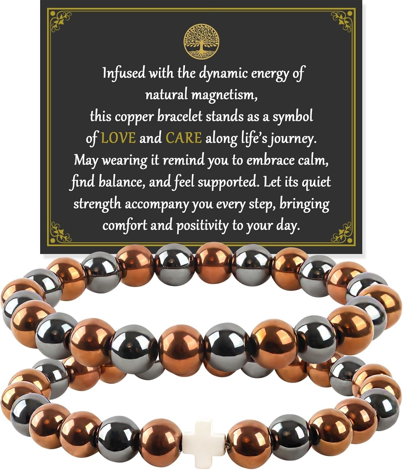 2PCS Copper Bracelets for Women Men 99.9% Pure Copper Jewelry and Cross Charm Br