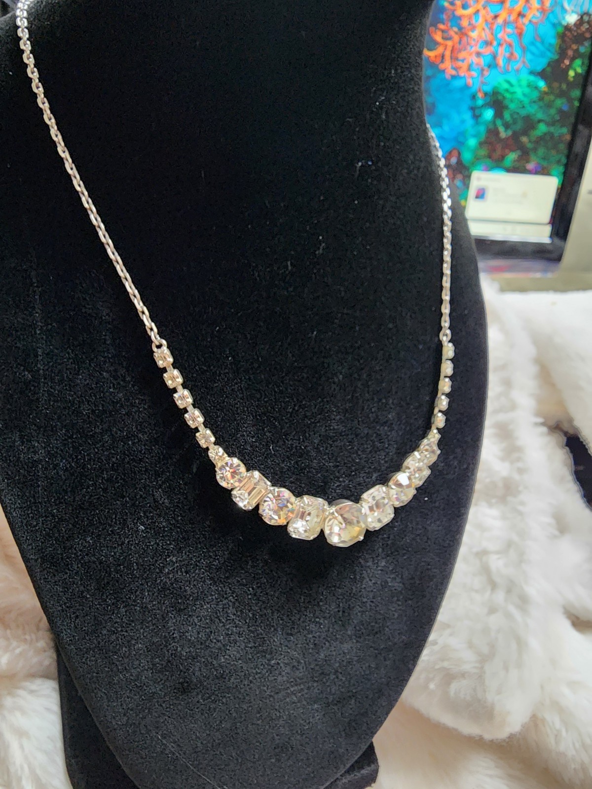 Silver Plated Statement Chain Necklace with Clear Simulated Crystal Rhinestone