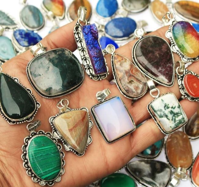 Malachite & Mix Gemstone 925 Sterling Silver Plated Fancy 25 PCs Pendants Lot