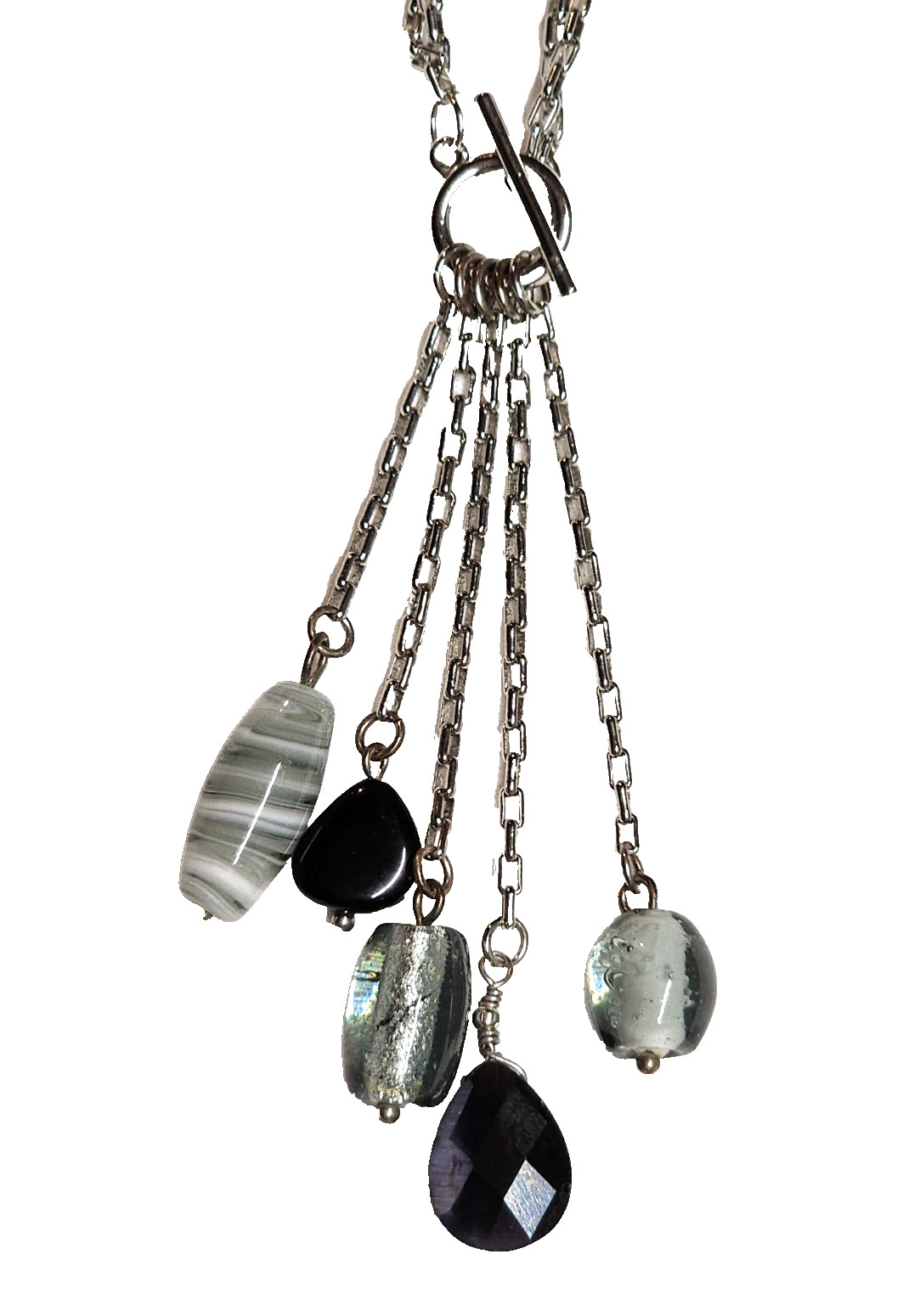 Black Gray Silver Tone Art Glass Bead Tassel Pendant Necklace 14″ Choker GUC