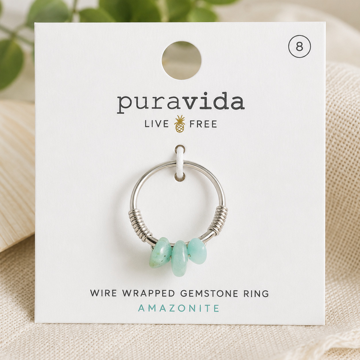 Pura Vida Amazonite Wire Wrapped Gemstone Ring Size 8 Rhodium Plated NWT