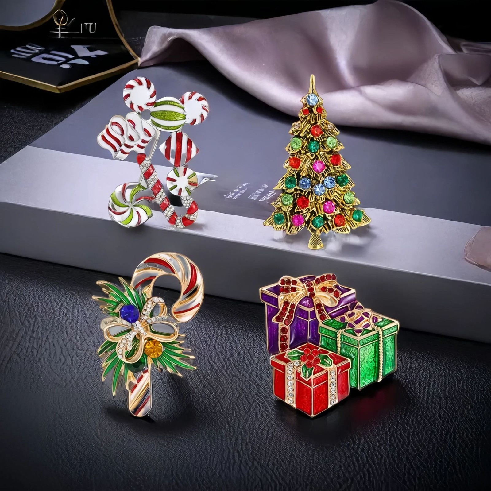 Christmas Candy Cane Bow Brooch Pin Colorful Rhinestone Holiday Gift Jewelry