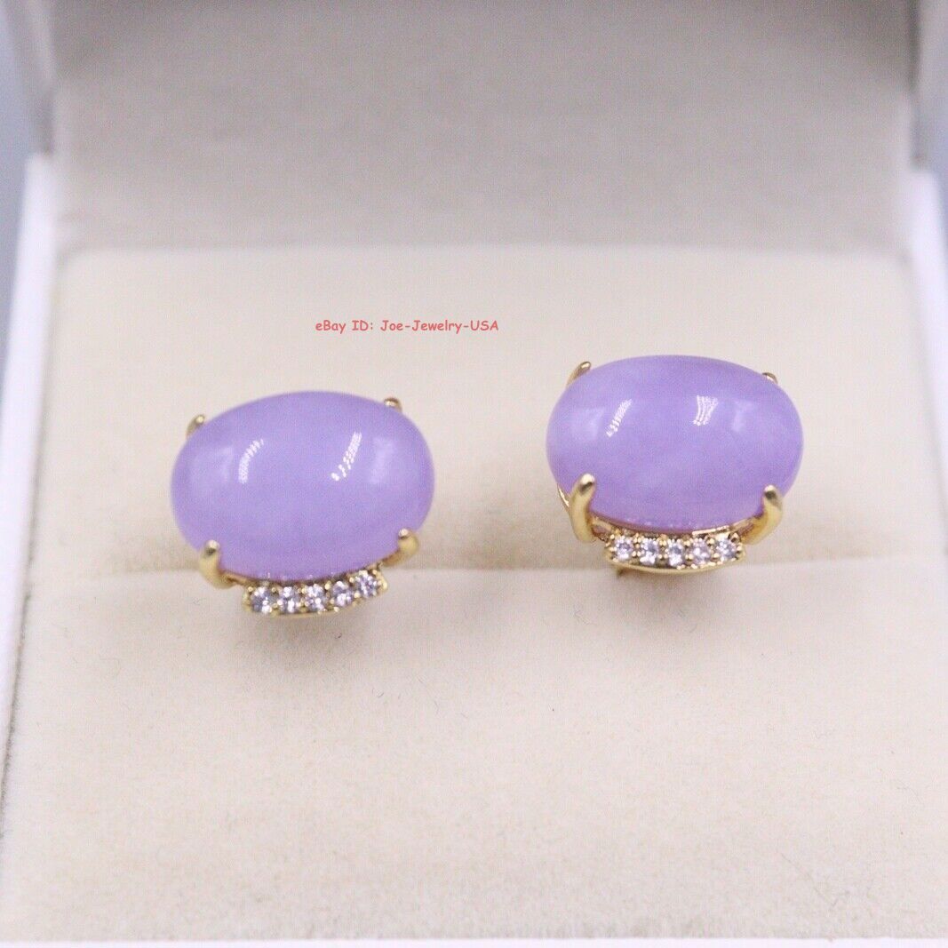 Gold Pated Alloy with Heated Oval Purple Jade Stud Earrings 10mm W
