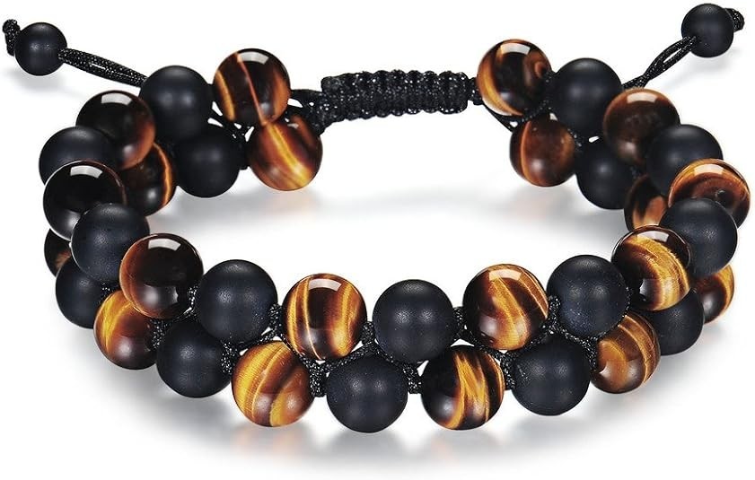 8mm Triple Protection Double Row Bracelet Natural Tiger Eye Black Onyx Lava Rock
