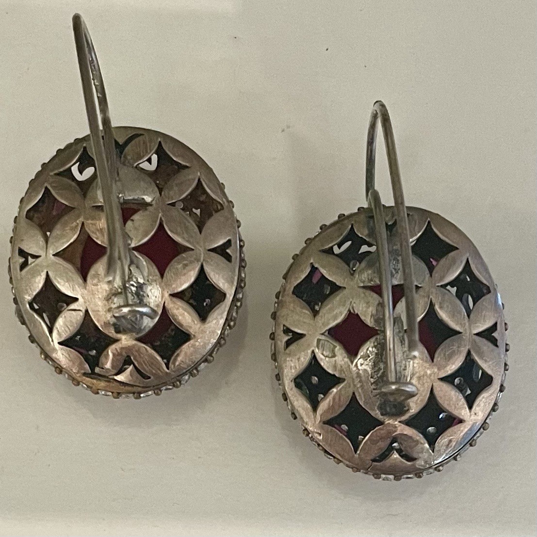 Vintage Red Rube Rhinestone Statement Earrings Silver & Gold Tone Filigree Oval