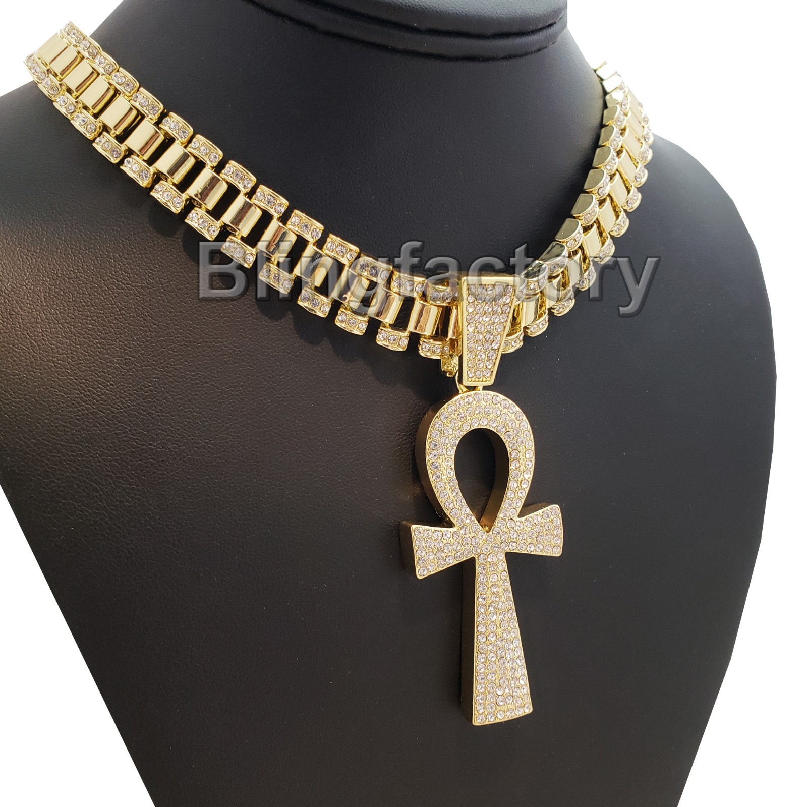 Hip Hop Iced Gold Tone Ankh Cross & 18″ Iced Rollie Link Choker Chain Necklace