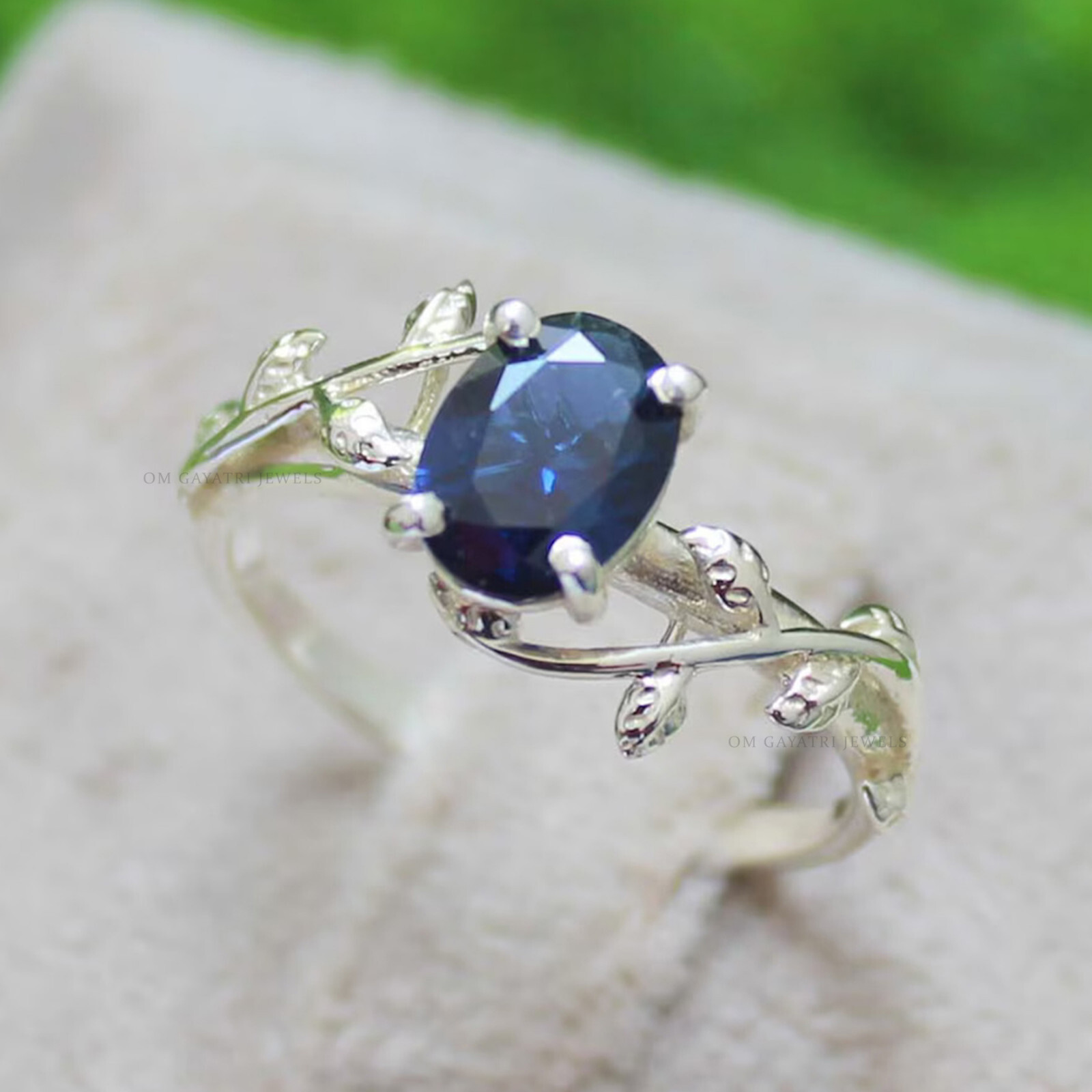 6x8mm Vintage Lab Blue Sapphire 925 Sterling Silver Leaf Shaped Engagement Ring