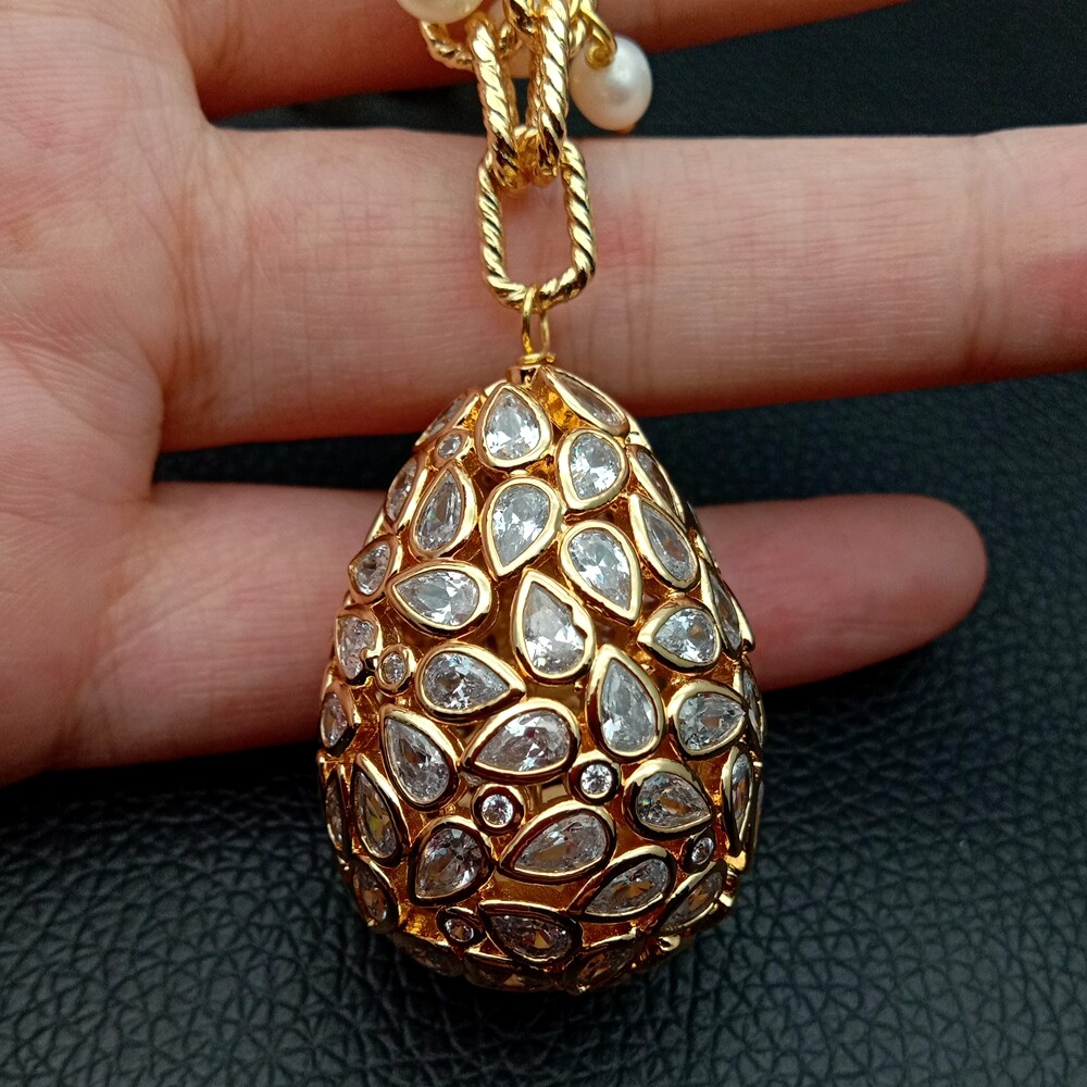 19″ White Pearl Gold Plated Chain Necklace Cubic Zirconia Pave Teardrop Pendant