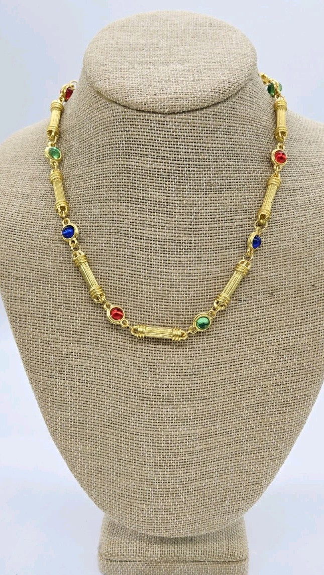 Gripoix Style Staion Necklace Red Blue Green Matte Gold Tone Poured Resin 19 in