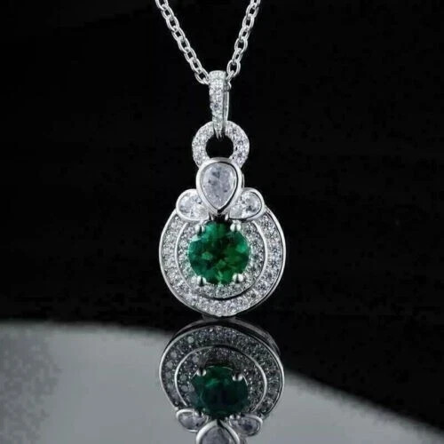 Women’s Beauty Pendant Chain Round Cut Simulated Emerald 14K White Gold Finish
