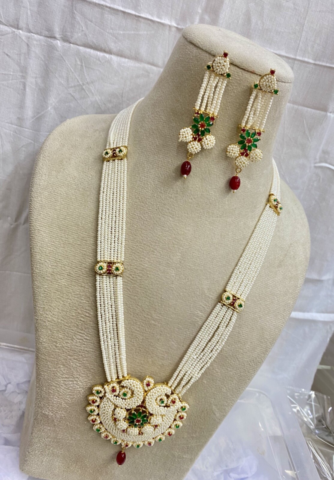 Indian Ruby Emerald Pearl Necklace Set Bridal Jewelry long Wedding Party Wear