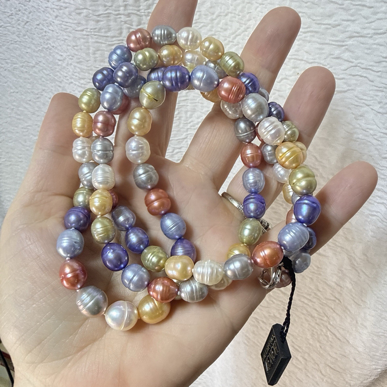 Honora Pearl Necklace Multicolor Ringed Sterling Silver Purple Green Blue 36″