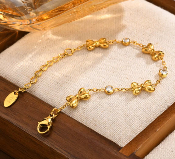 Vnox Stainless Steel Baby Girls Bracelet Cubic Zirconia Bow Chain Jewelry