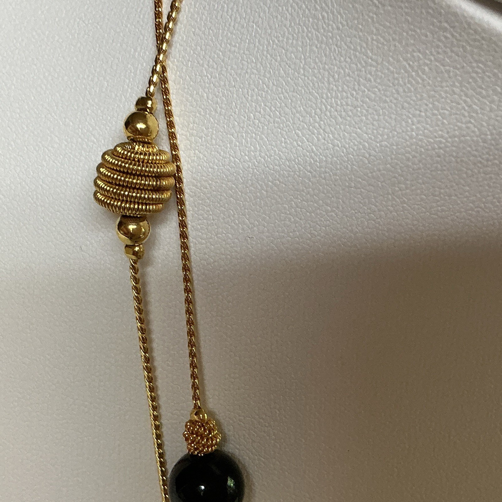 Gold Tone Double Strand Rope Chain Necklace Black Beads Lobster Clasp 42”