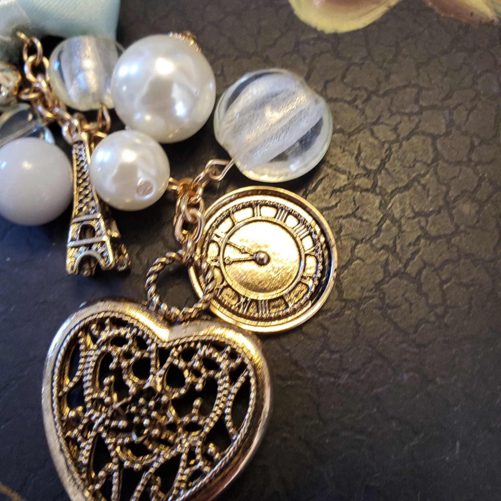 Paris Icons Long Necklace Goldtone – Musee d’Orsay Clock & Eiffel Tower – Heart