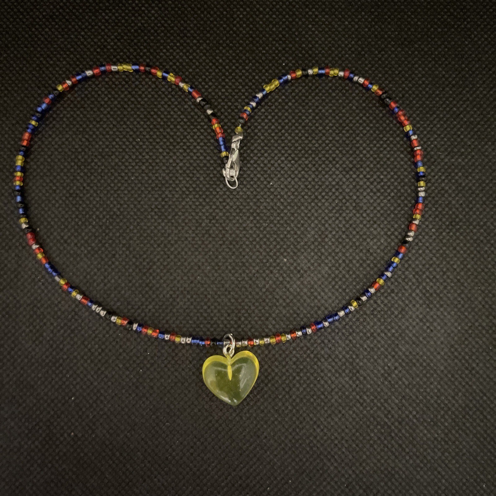 Yellow Acrylic Heart Multicolor Seedbead Choker Necklace 15”