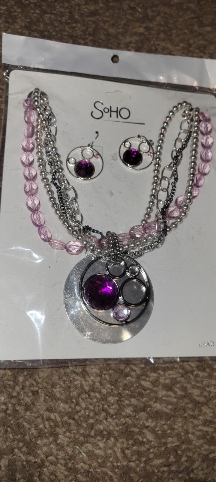 SoHo Purple Crystal Bead Necklace & Dangle Earrings Set, Silver Tone