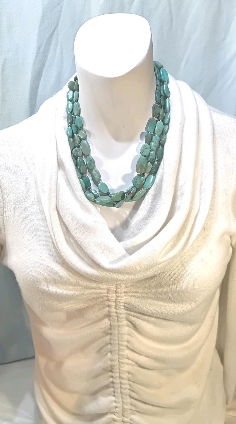 Chunky 3-Strand Genuine Turquoise Nugget Necklace Sterling Silver 925 Clasp 50g