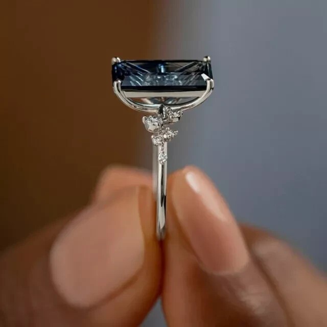 Stunning Emerald Cut Lab Created Sapphire Wedding Ring 14k White Gold Plated