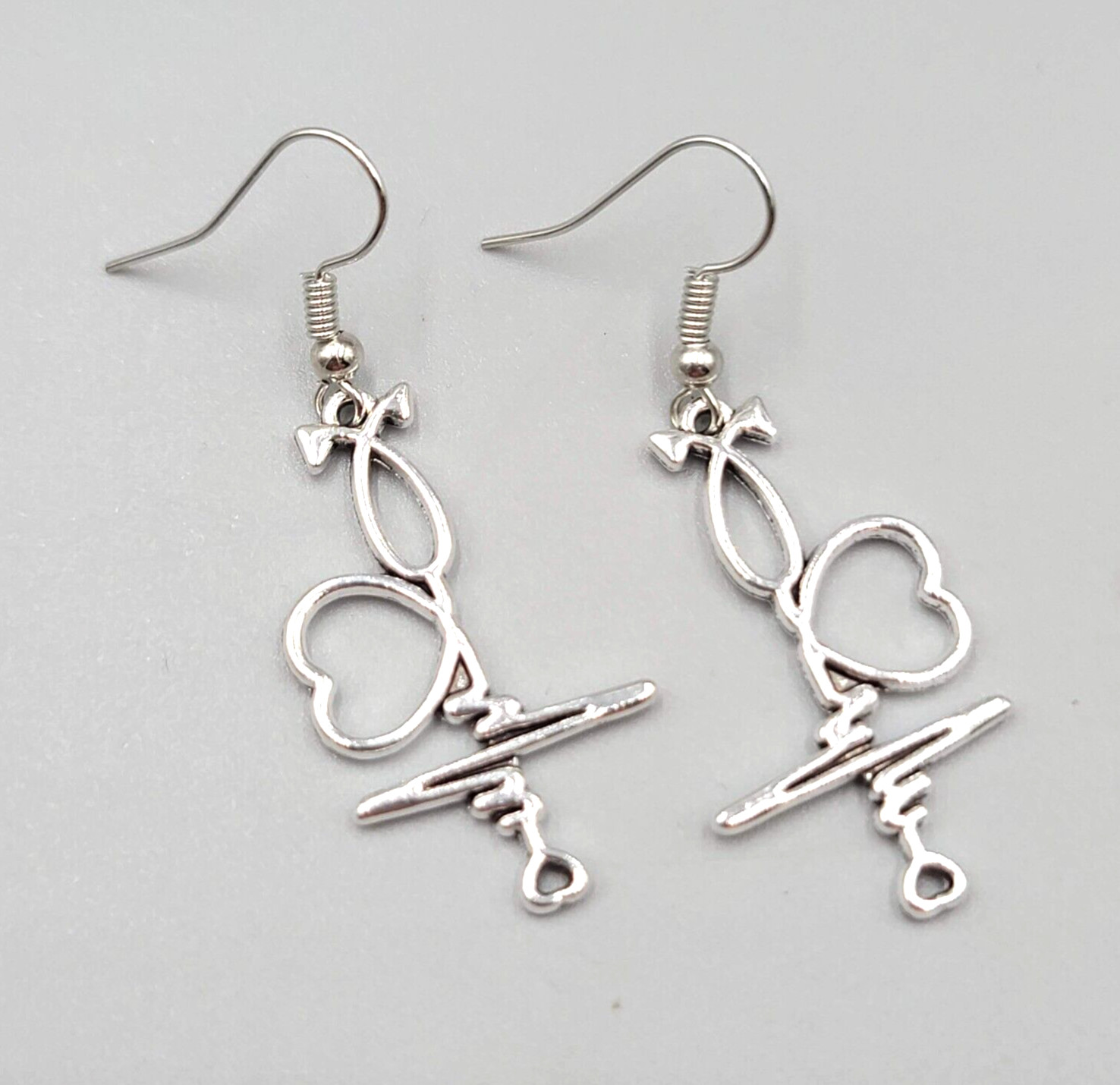 Medical Nurse Pierced Earrings Heart EKG ECG Silver tone Dangle 1.25″