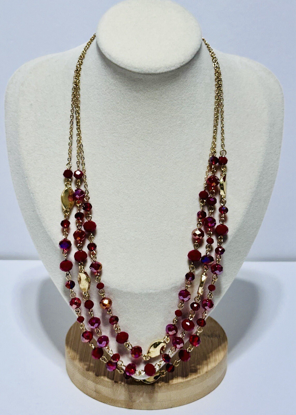 Erica Lyons Gold Tone Multi Strand Necklace With Red Faceted Beads 18.5in.