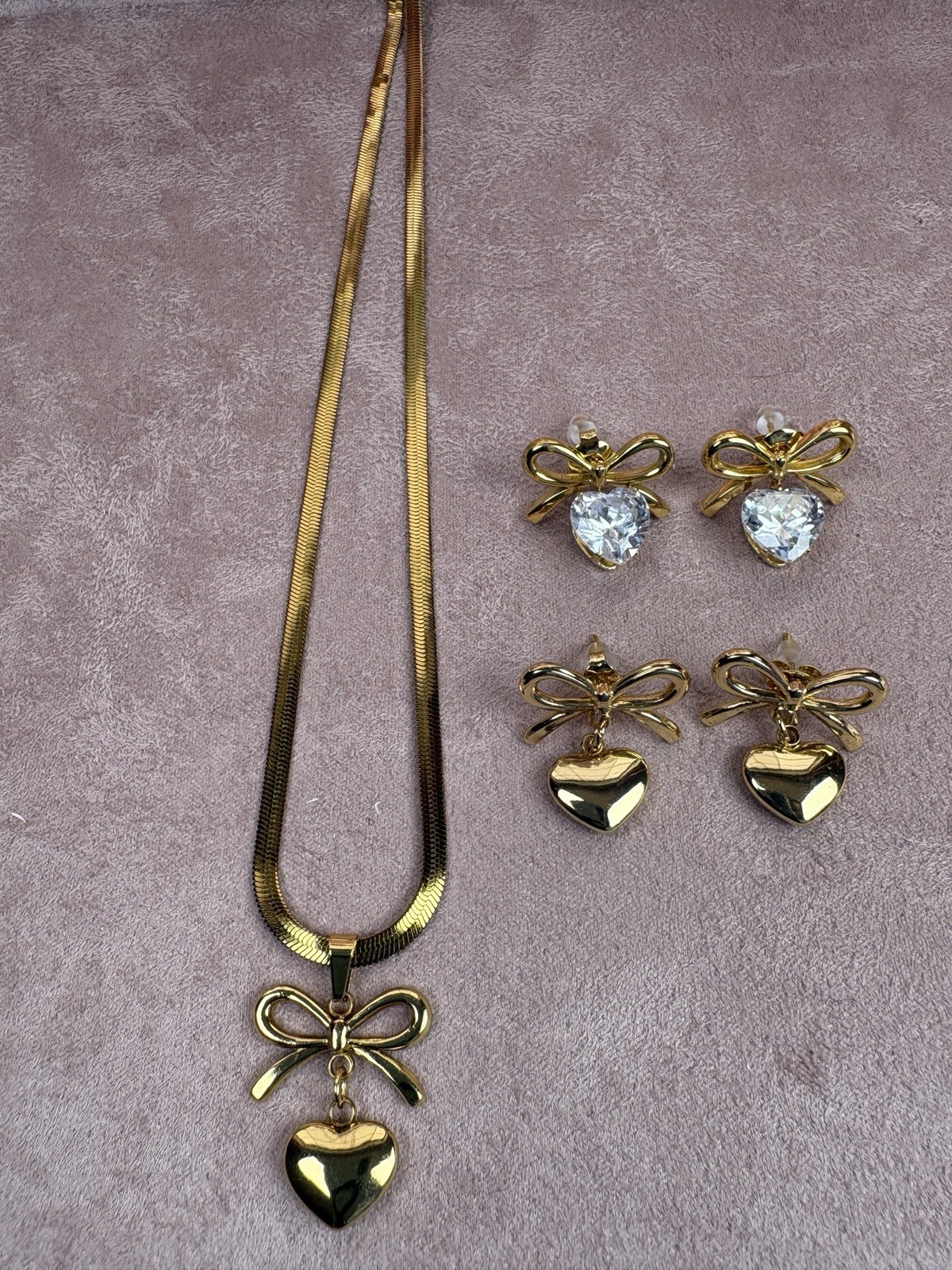 Gold Tone Bow Heart Pendant Jewelry Set Necklace Earrings Imitation Pearl CZ