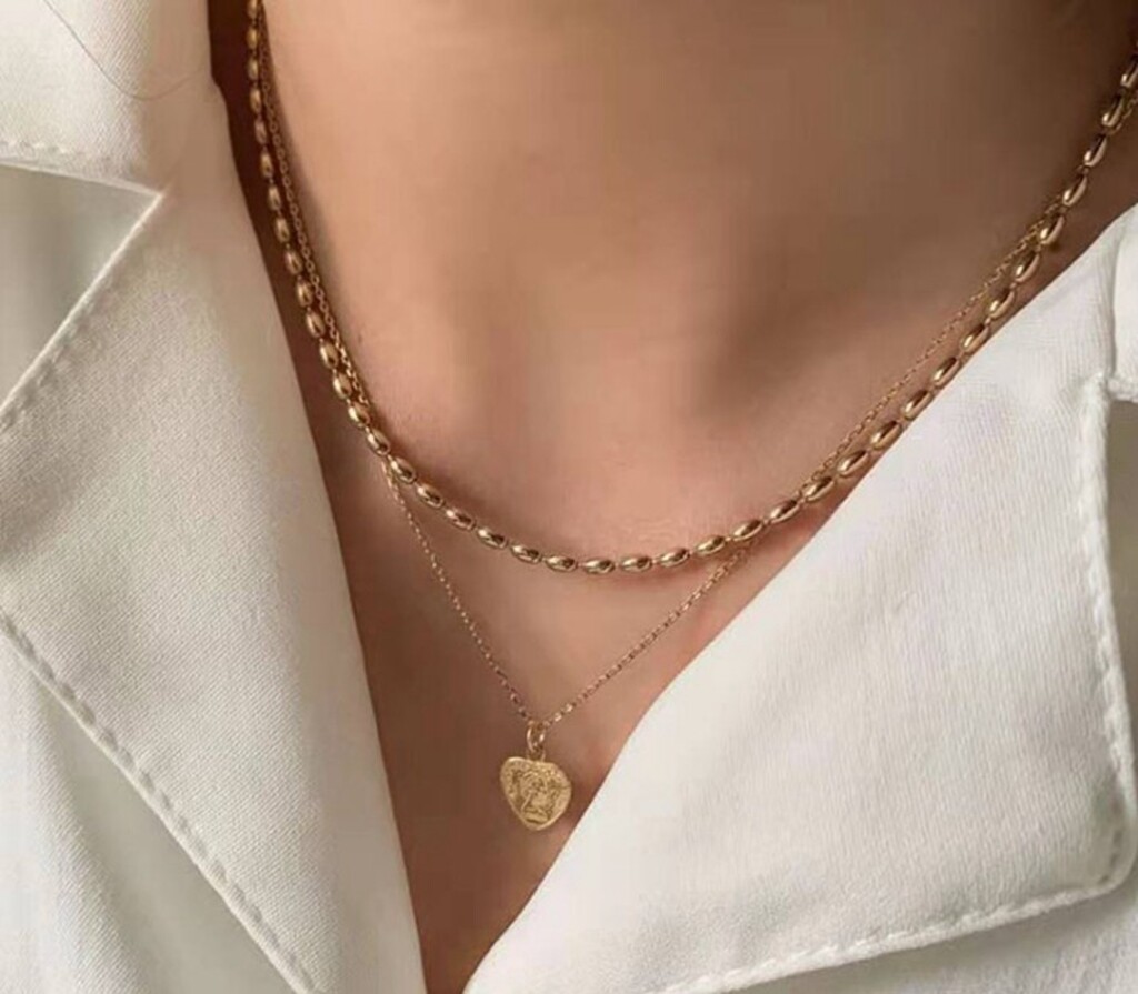Gold Plated Titanium Stainless Steel Oval Bead Chain Choker Necklace 13.2-15″
