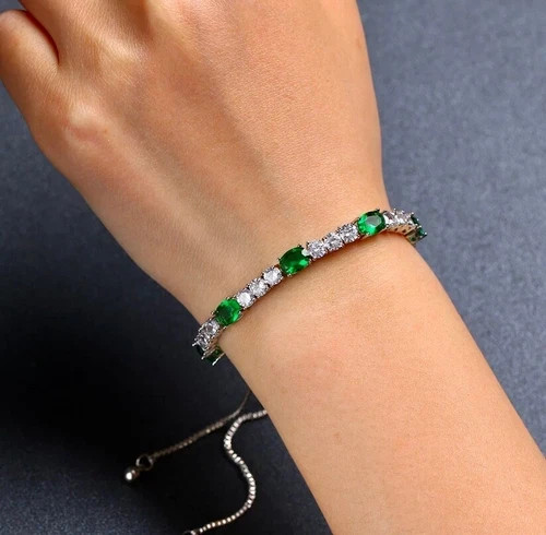 18K White Gold Plated Bolo Tennis Bracelet Made Simulated Diamond Green Stone