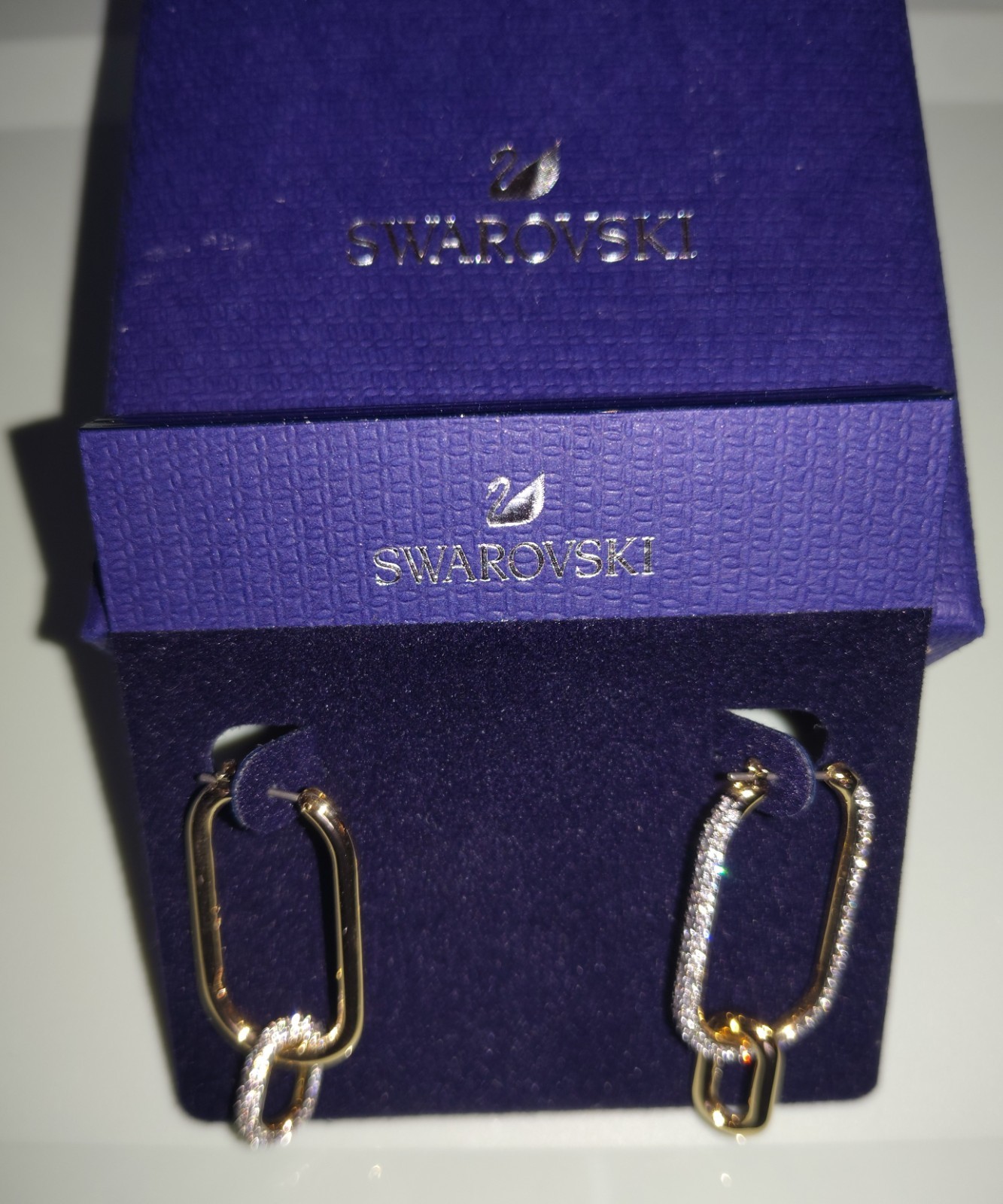 Swarovski Signed SWAN Pave Crystal Time Hoop Earrings Gold Tone Asymmetrical