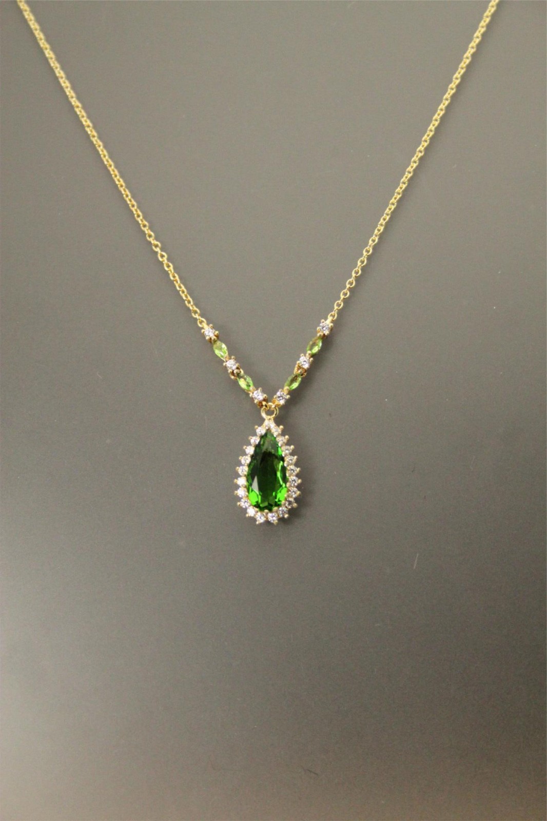 Gold Plated Green & Clear CZ Tear Drop Sterling Silver 19″ Necklace 5.2g NEC5824