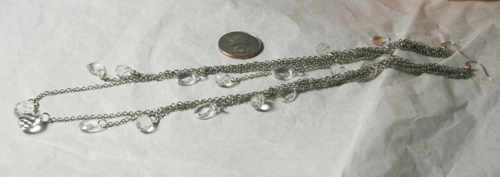 Long earrings, very long, 10″ long, clear beads, silver color