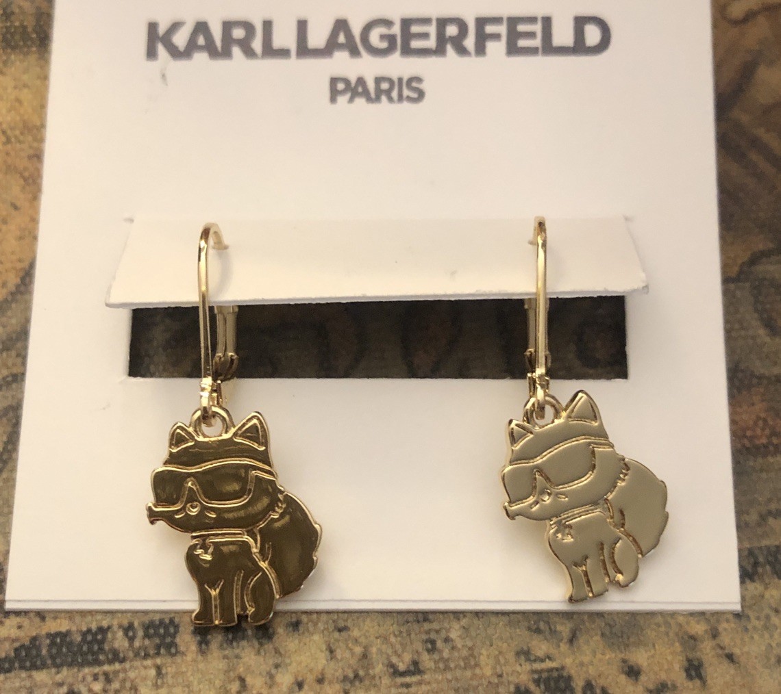 Karl Lagerfeld Polished Gold Tone Choupette Wearing Sunglasses Drop Earrings NWT