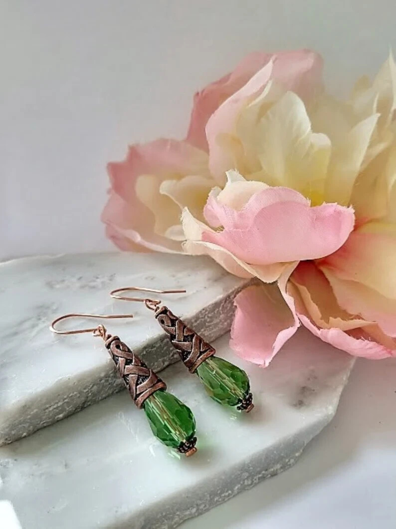Lt. Green Teardrop Crystal Copper Dangle Earring, Drop Earrings, Antique Earring