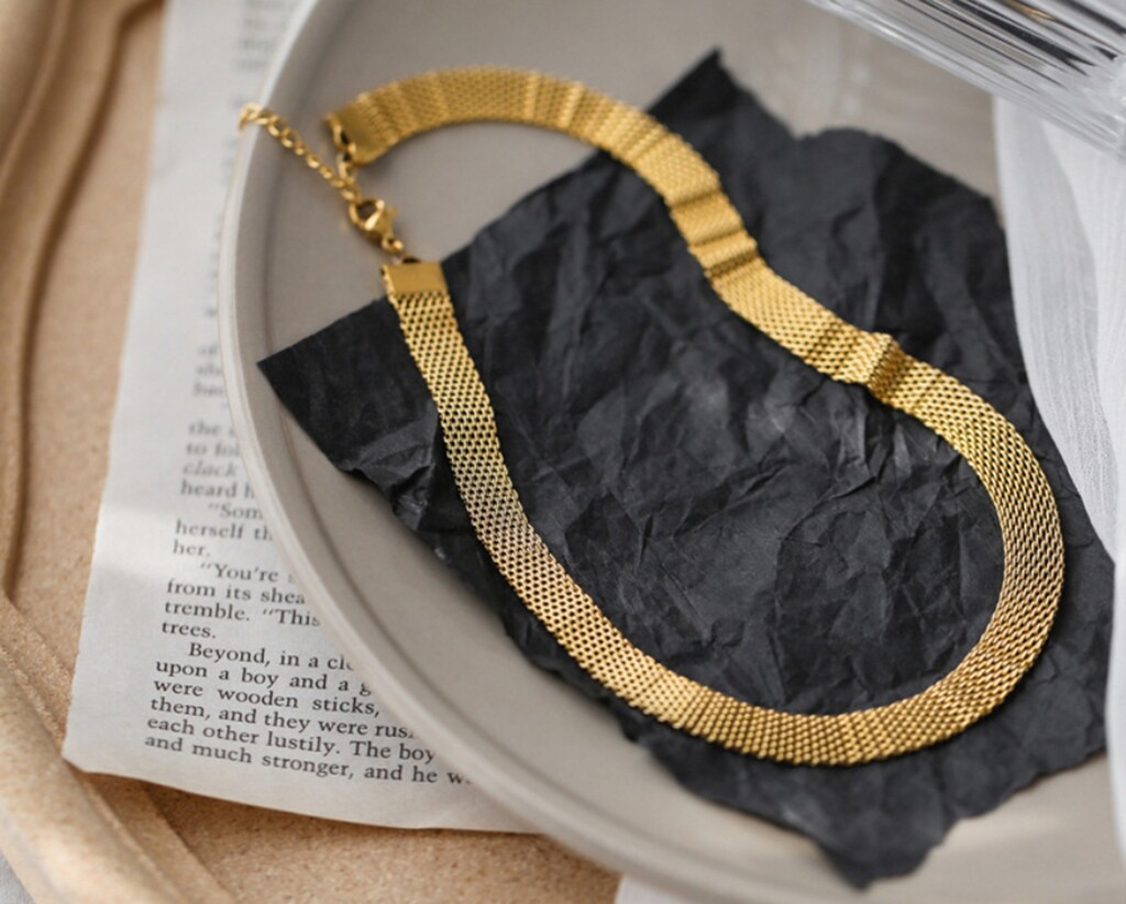 Women Girl Titanium Stainless Steel Gold 8mm Mesh Rope Choker Necklace 13.5-15″