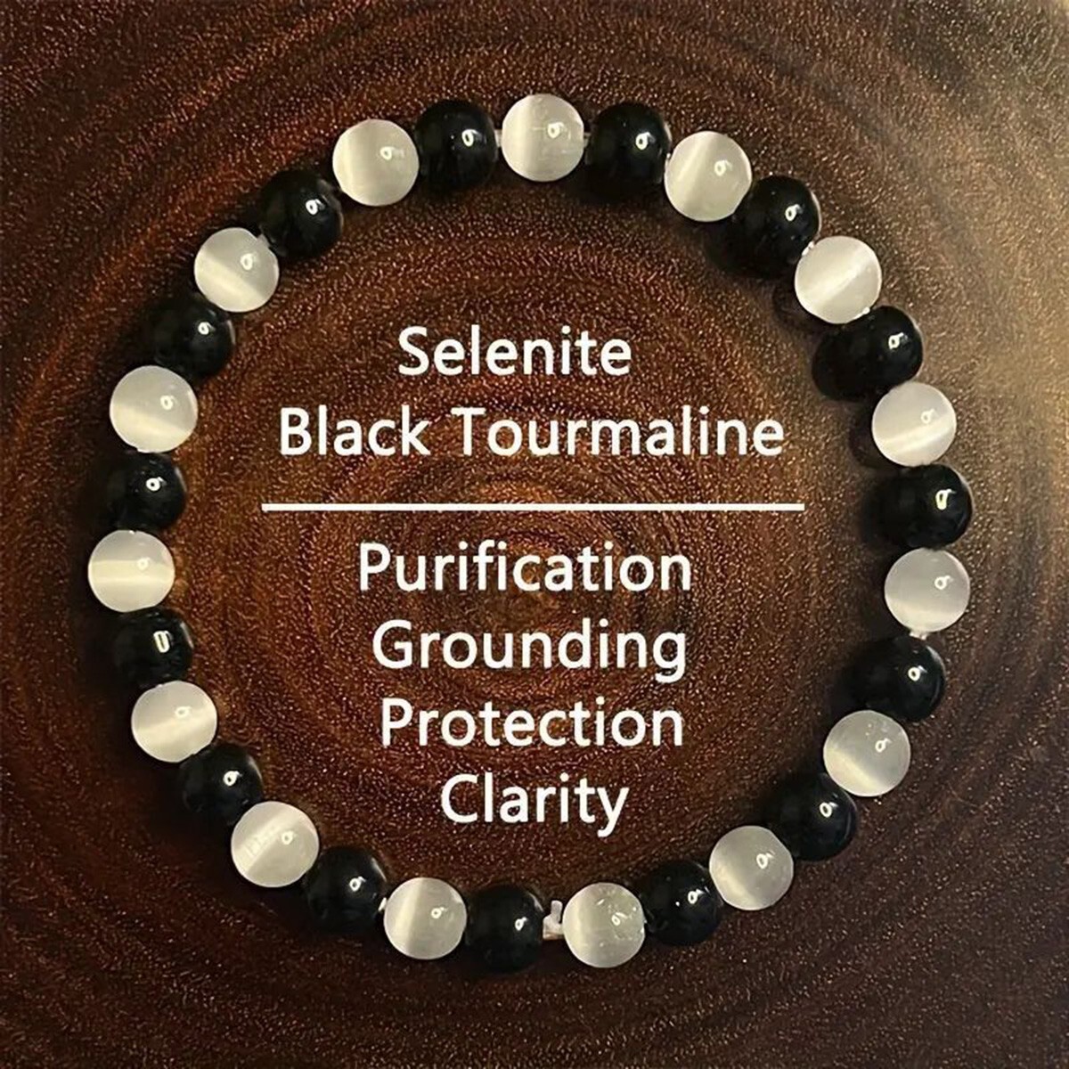 Natural Black Tourmaline Selenite Stretch Bracelet 6mm Round Gemstone Beads