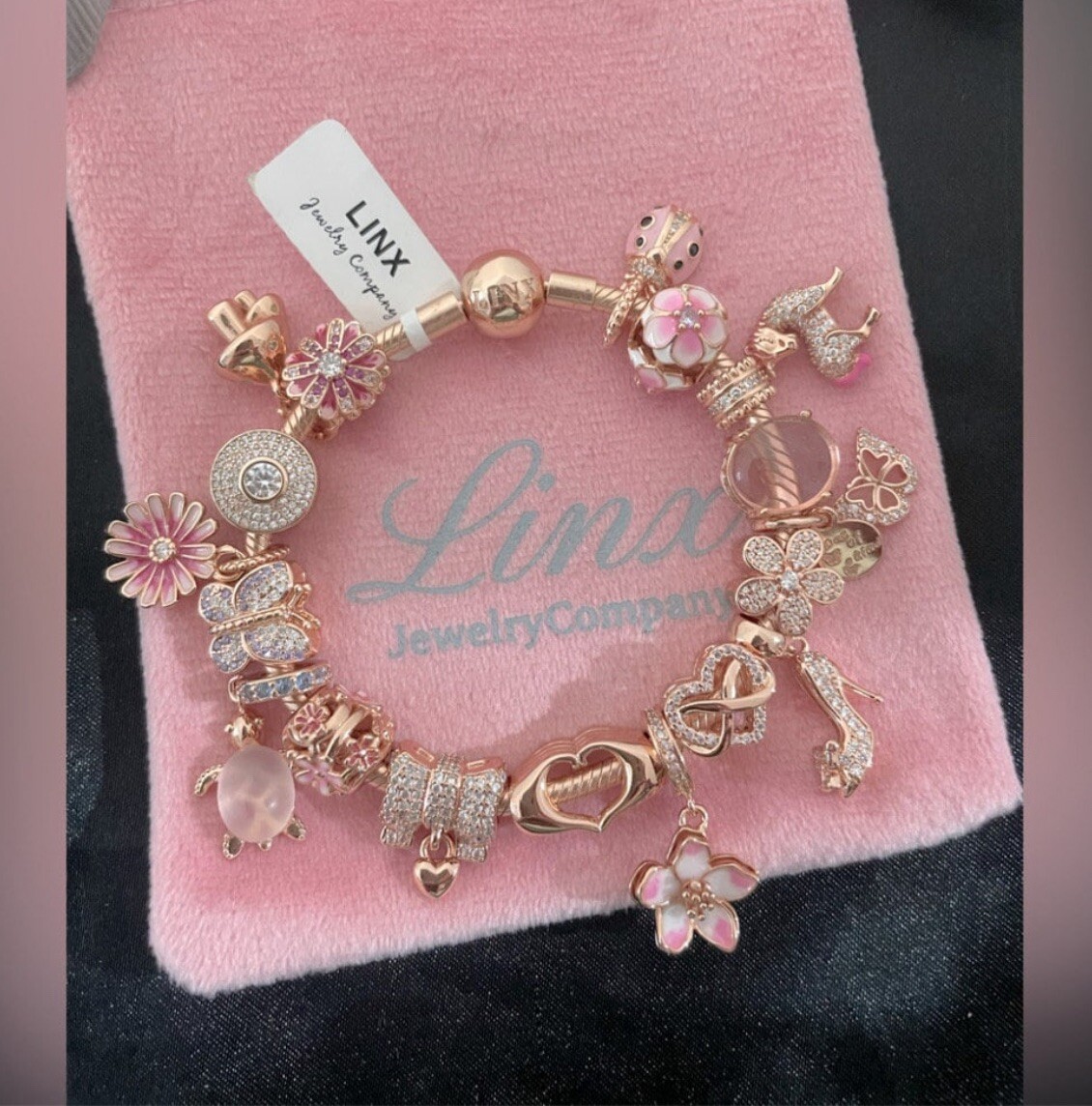 Linx Rose Gold Snake Chain Bracelet with Rose Gold and Pink Themed Charms