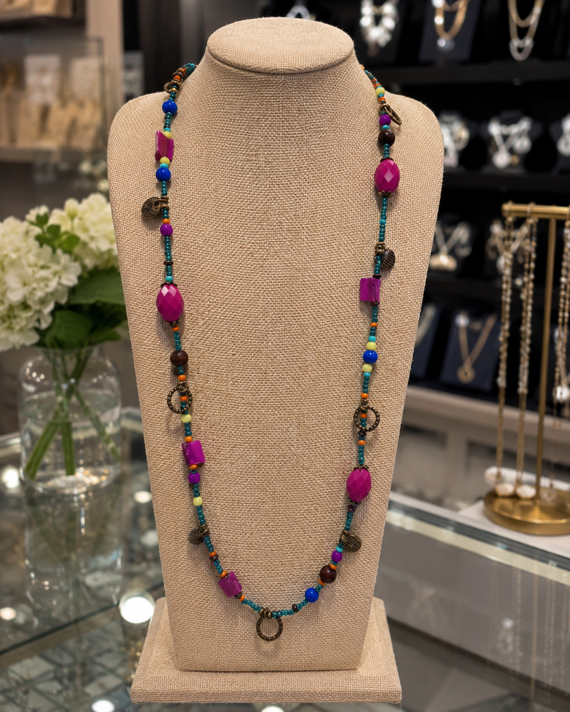 Premier Designs TROPICAL PUNCH Pink Blue Green Beaded Double Strand Necklace 962