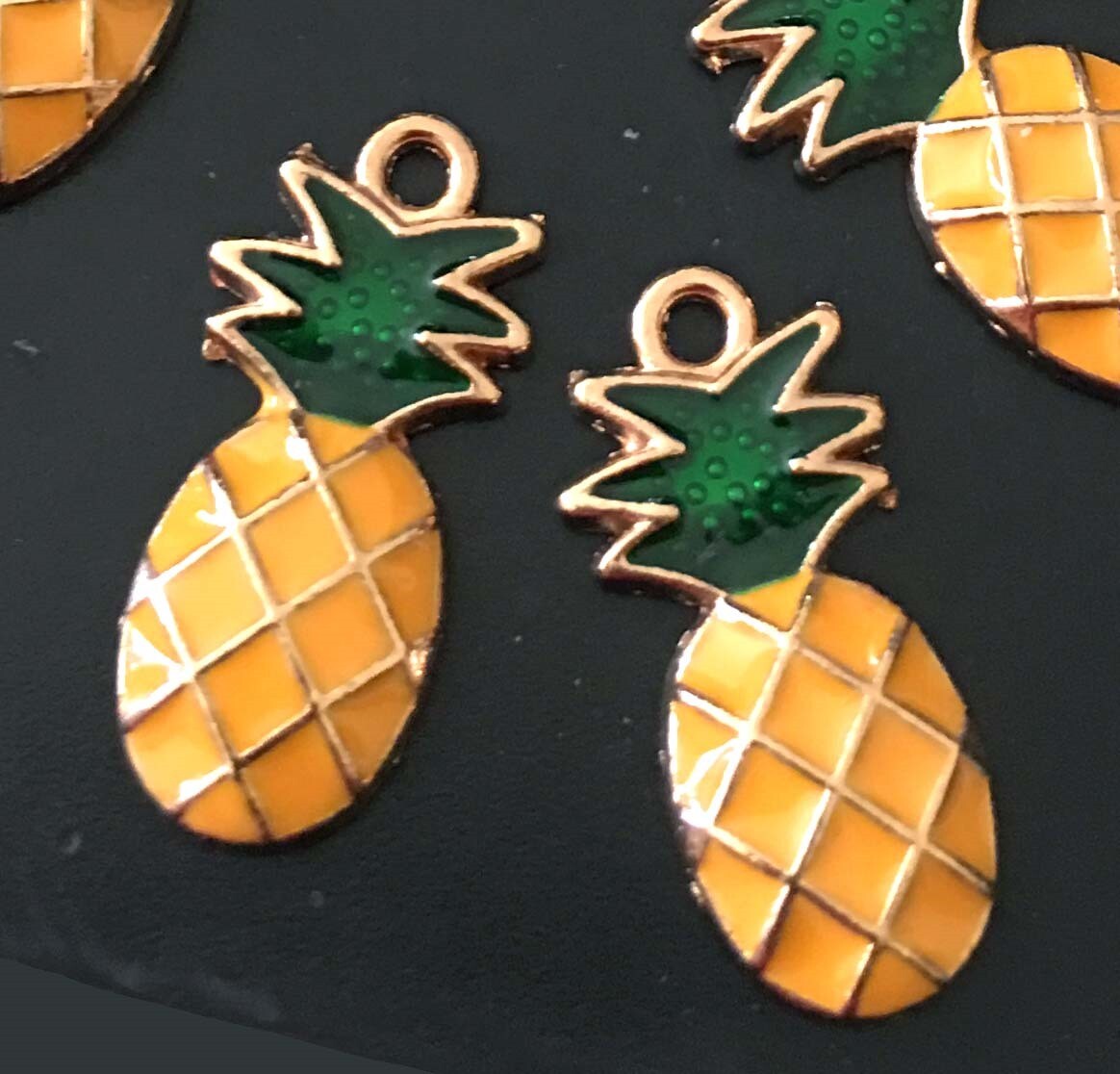 6 Pineapple Charms Gold Plated Enamel Pendant Charm 25x10mm