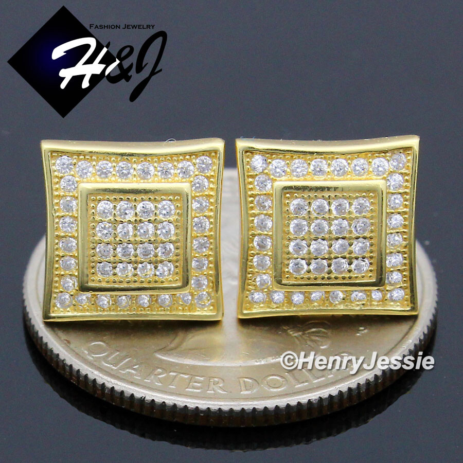 MEN 925 STERLING SILVER ICY CUBIC ZIRCONIA 10MM 3D GOLD PALTED STUD EARRING*G209