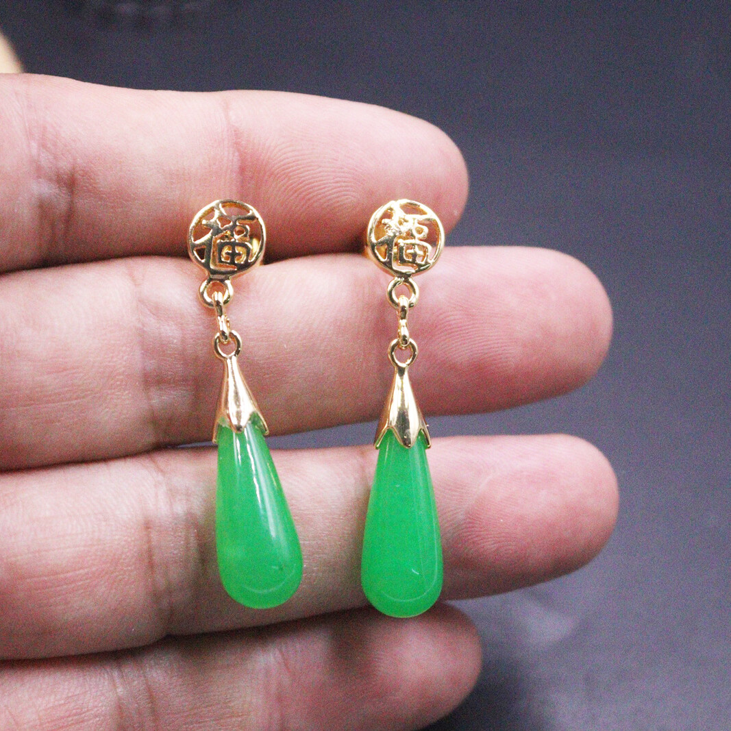 Handmade Chalcedony Earrings Hook 18K Gold Plated Green Jade Earrings Dangle