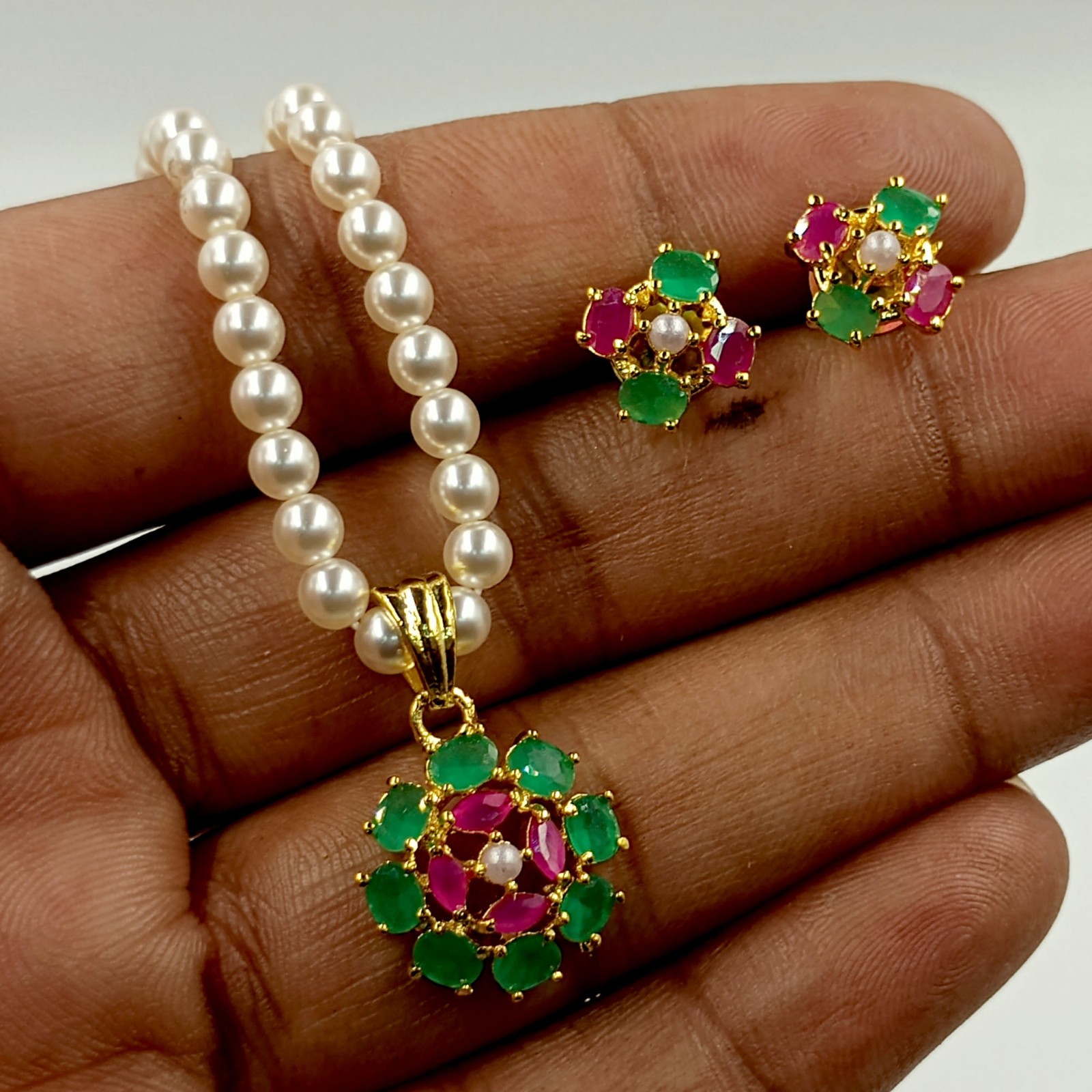 Ruby Emerald Pearl Pendant Set, 22k Gold Plated Traditional Indian Wedding Jewel